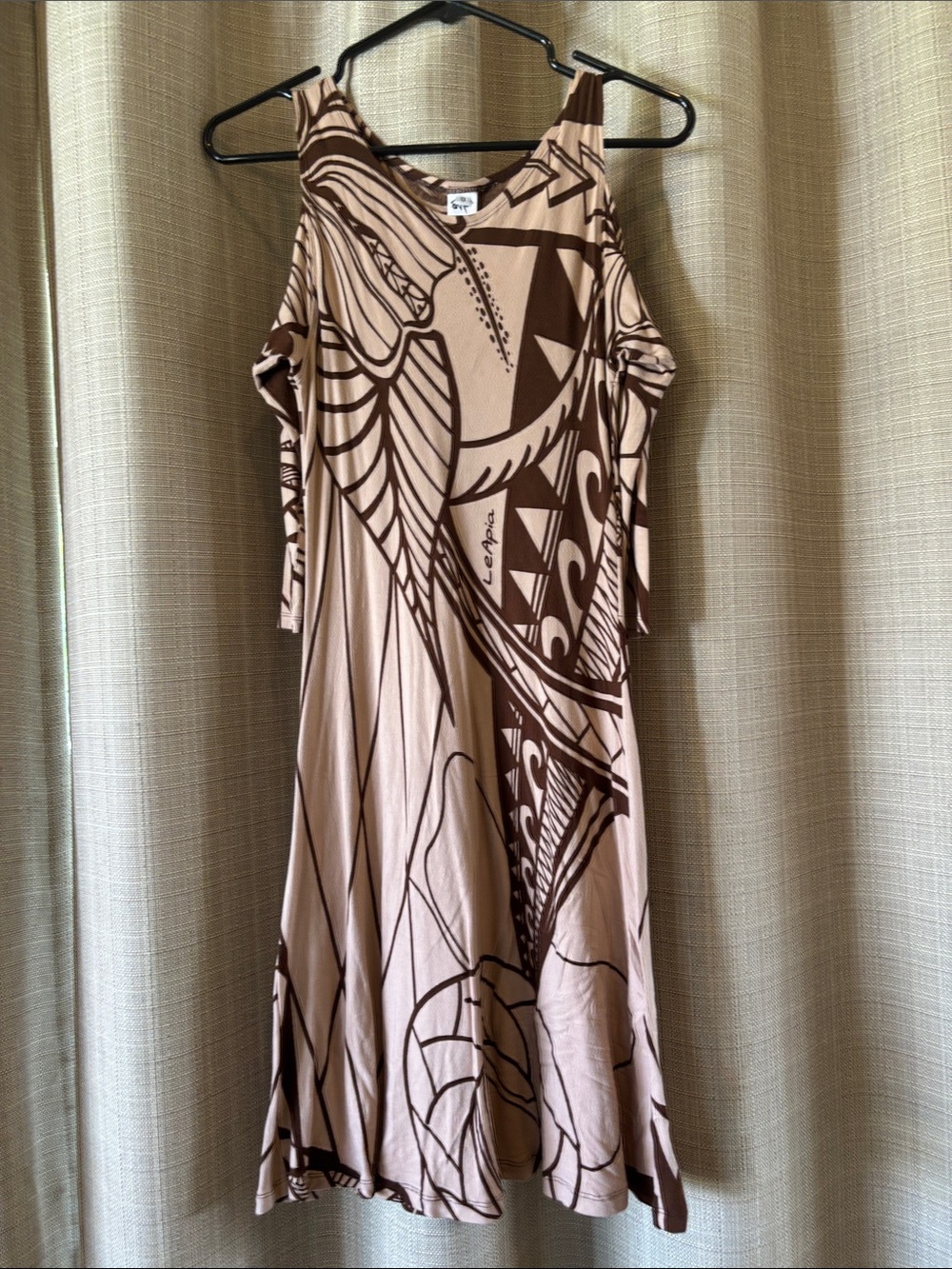 Cold-Shoulder Midi Dress in Beige and Brown Tribal Print